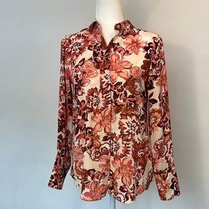 Ann Taylor Floral Coral Button-Up Blouse SM